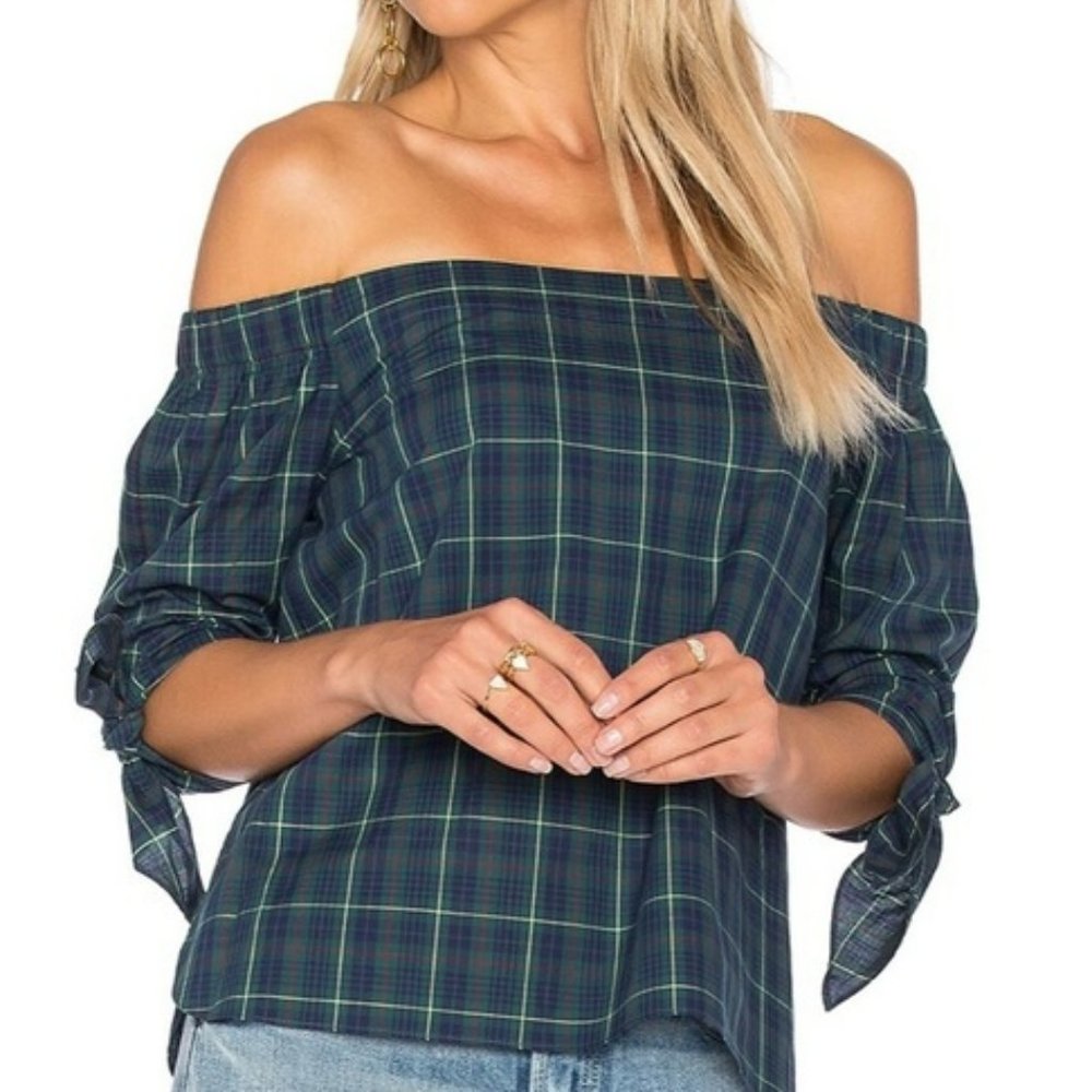 Bailey 44 Twin Fin Green Plaid Off Shoulder Top